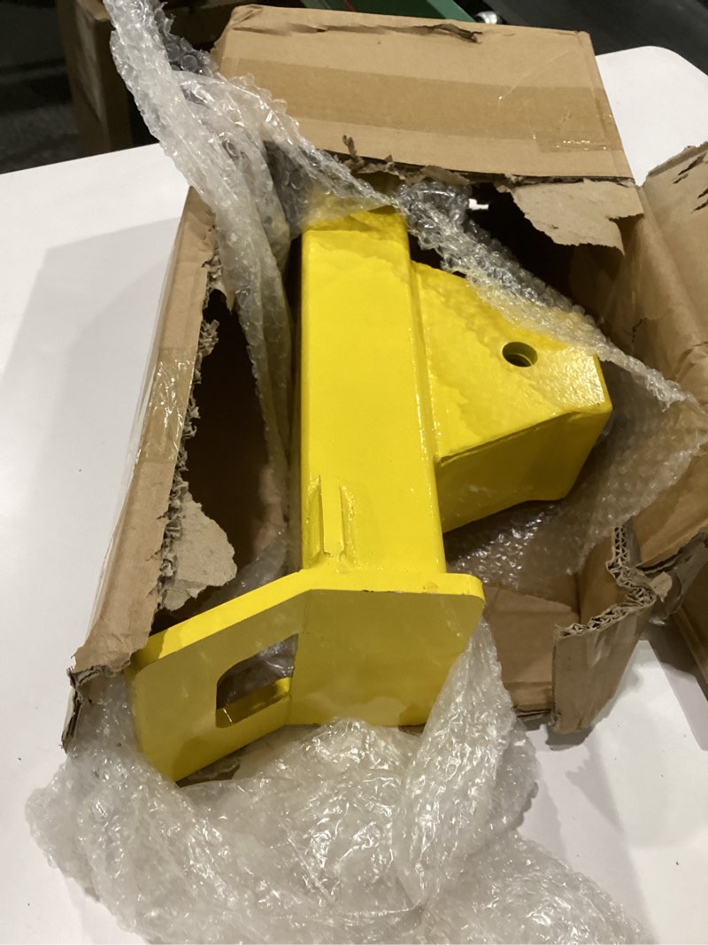 Condition photo showing As Is for upgraded clamp on 2\" bucket ball tractor trailer hitch receiver compatible with kubota tractor bucket hitch attachment accessories yellow, similar to stock photo