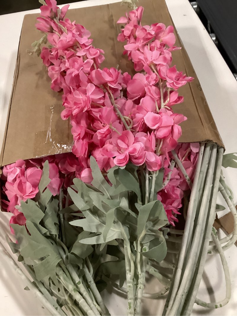 Condition photo showing New/Like New for thiccywoov 24 pcs delphinium artificial flower 35.4'' long larkspur stem silk fake faux flowers bulk for tall vase floral arrangements home centerpiece table wedding decor (rose red) rose red 24