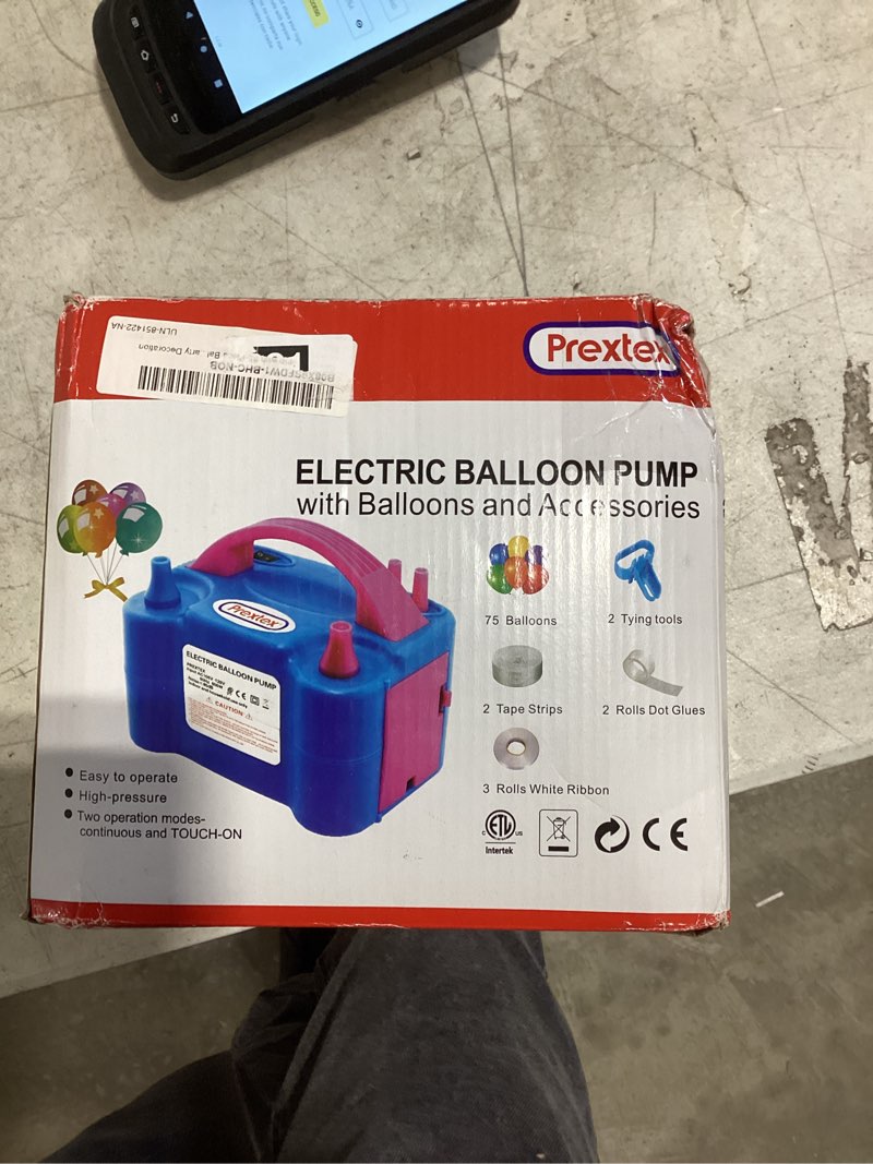 Condition photo showing New/Like New for Prextex Portable Balloon Pump with 85-Piece Balloon Decoration Set - 110V Electric Air Blower Portable Balloon Inflator for with 75 Balloons  White Ribbon  Tying Tools  Tape Strips  Dot Glue