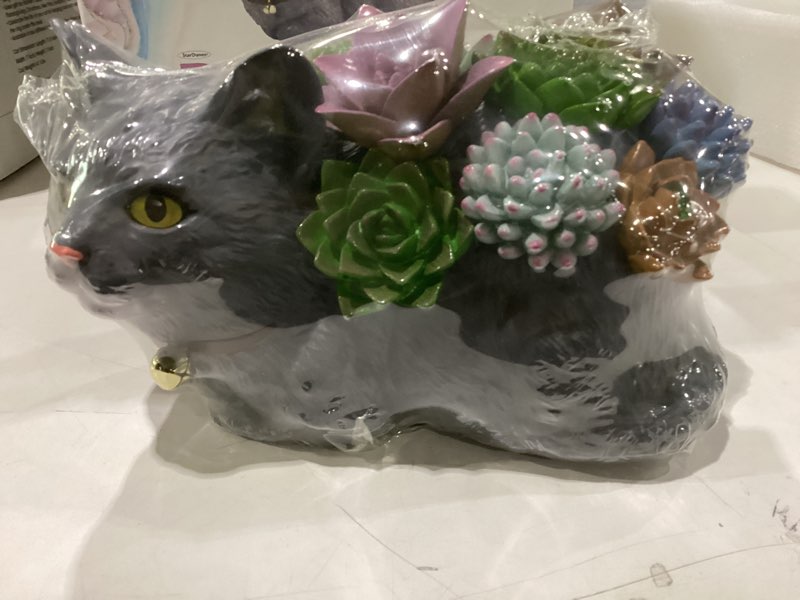 Condition photo showing New/Like New for Adorable Resin Cat with 9 Resin Succulents, Ideal Gift for Cat Lovers, Retirement, House Warming, Sympathy, Memorial Etc. (Grey) Gray