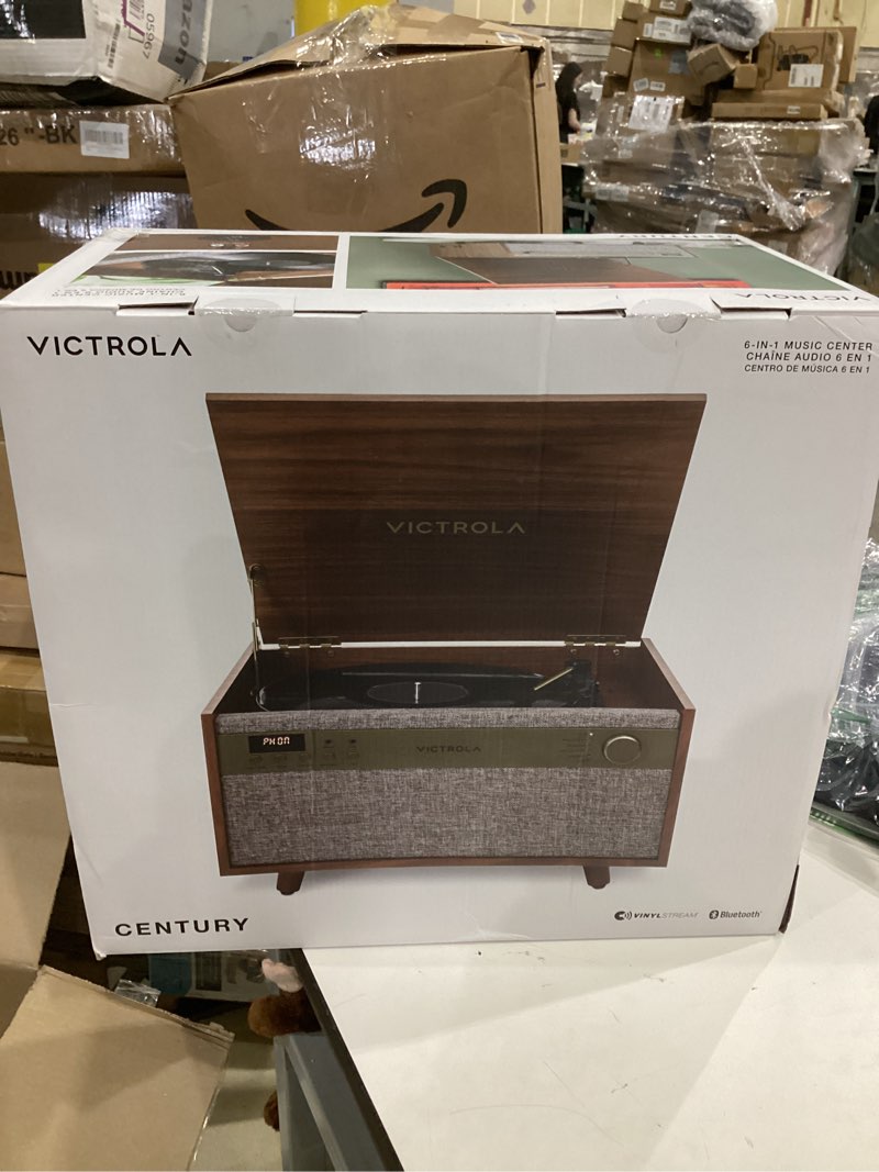 Condition photo showing Good Condition for victrola century 6-in-1 vinyl record player & music center – 3-speed turntable, cd & cassette player, vinylstream, bluetooth & 3.5mm aux, record player with speakers, mid century design (walnut) walnut retro