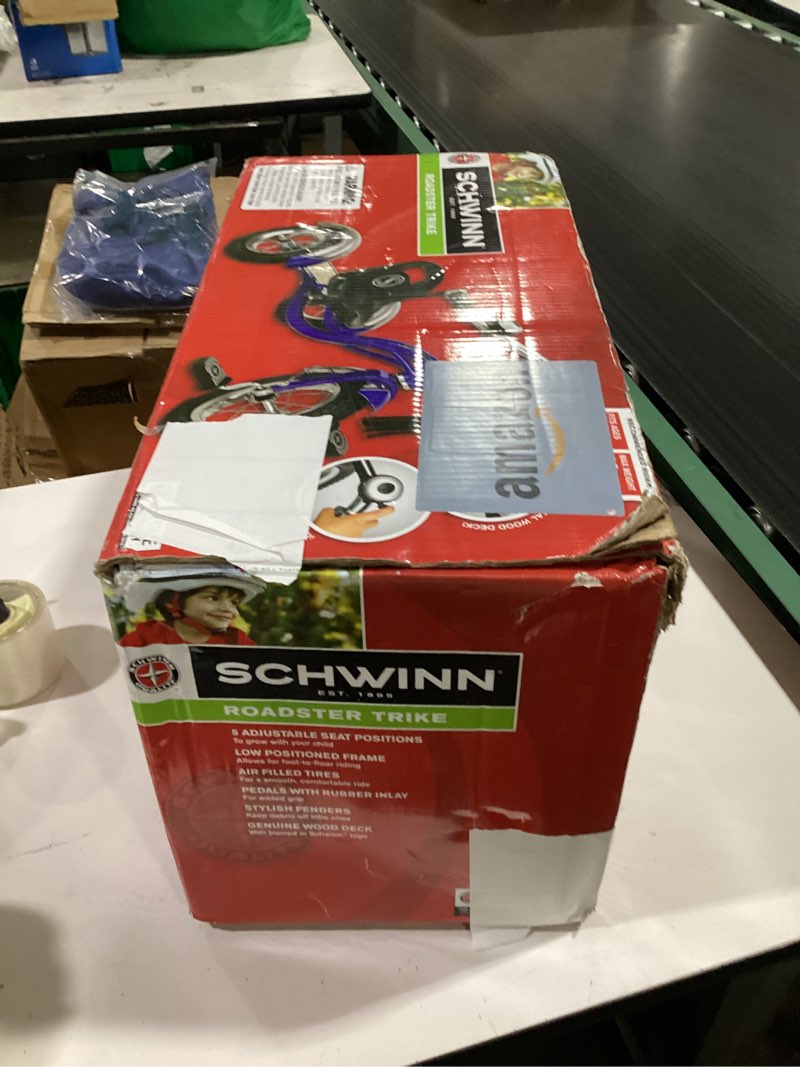 Condition photo showing Good Condition for schwinn roadster tricycle, 12 inch front wheel bike for kids ages 2-4, low center of gravity, retro steel frame, adjustable seat grows with your child, rear deck, tricycle for toddlers blue classic tricycle