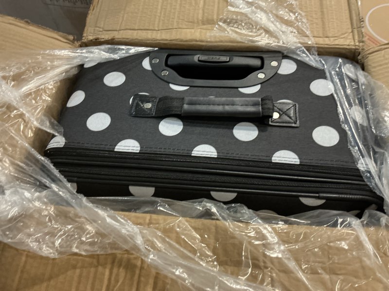 Condition photo showing Good Condition for rockland vara softside 3-piece upright luggage set, expandable,black dot, (20/22/28) 3-piece set (20"/22"/28") blackdot