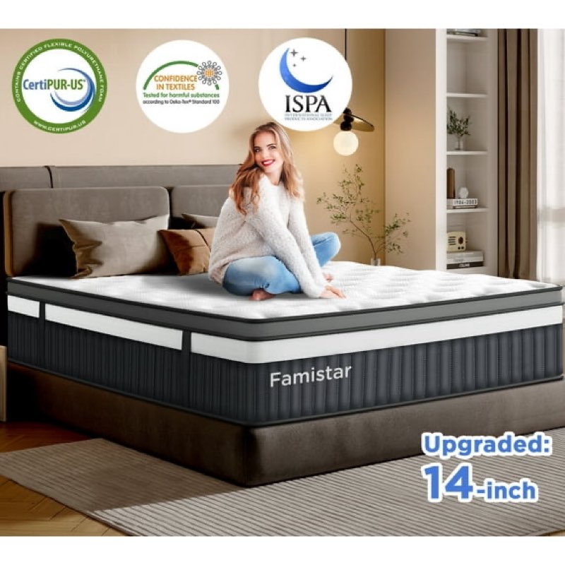  14 Inch Queen Mattress in a Box - Gel Memory Foam & Pocket Coils, Medium Firm Hybrid Mattress, CertiPUR-US Certified for Back Support & Motion Isolation, Cooling Bed for Side Sleepers