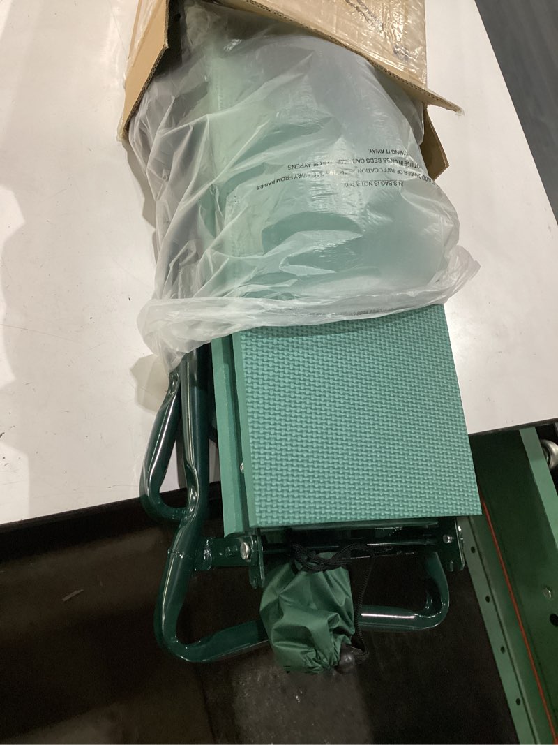 Condition photo showing New/Like New for 2-in-1 garden kneeler with umbrella, garden kneeling bench & green umbrella, portable garden stool loads capacity 330lb and garden tools bag with bottle holder, gardening gifts for women,men,seniors