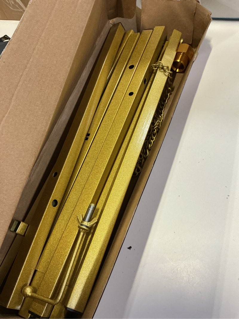 Condition photo showing As Is for gold easel stand for sign, 43.5in heavy duty | 43.5in height, 4 adjustable tiers, holds 30 lbs, wedding signs, photos, mirrors, tabletop & floor displays, folding metal gold high--43.5"