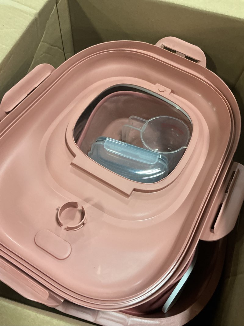 Condition photo showing As Is for komzon rice storage bin cereal containers, 13-50lb collapsible rice container dispenser with transparent lid, rolling wheels, measuring cup and scoop, airtight dog cat pet food storage container pink