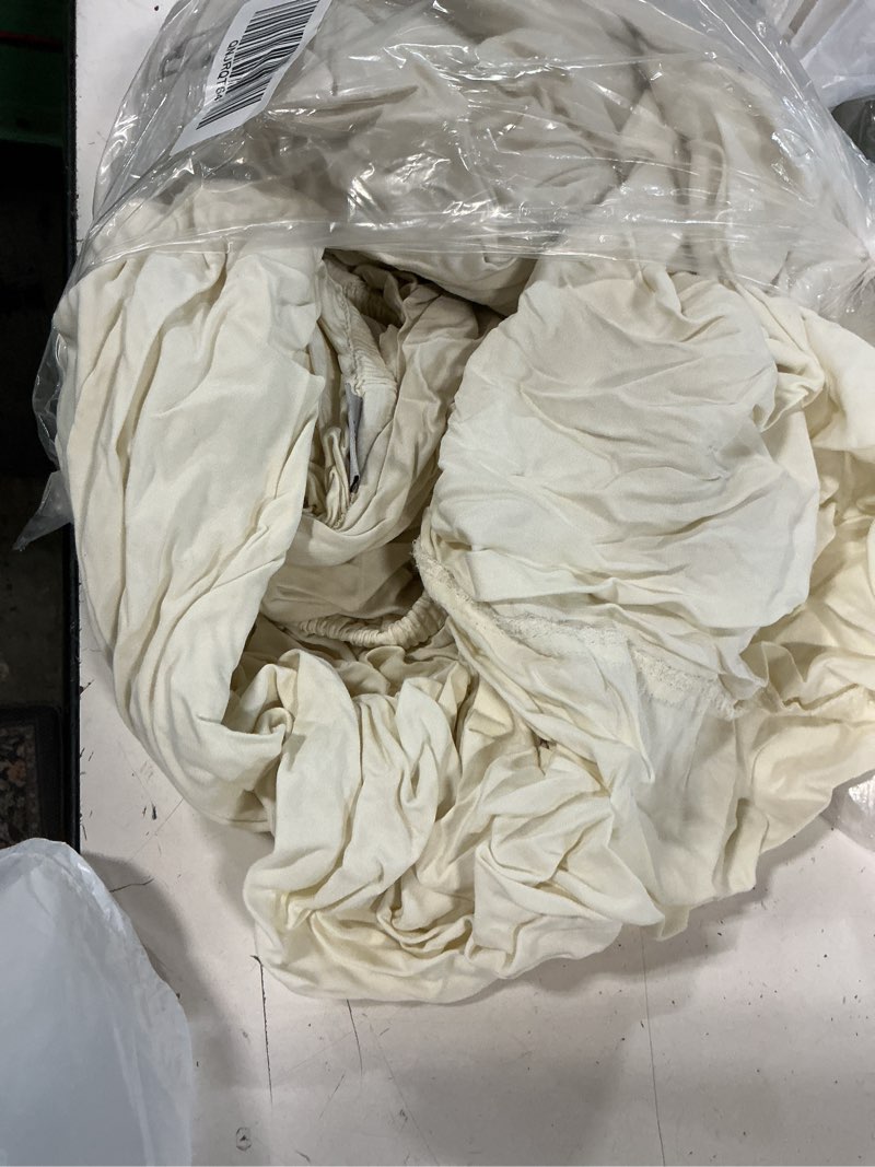 Condition photo showing As Is for bamboo fitted sheet set, queen, ivory