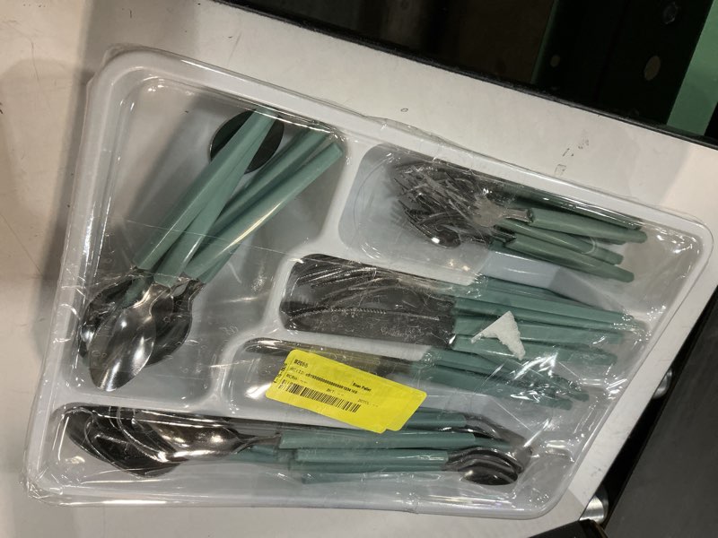 Condition photo showing As Is for cutiset 40 piece stainless steel kitchen flatware set with organizer, camping silverware set with color handles set of 8