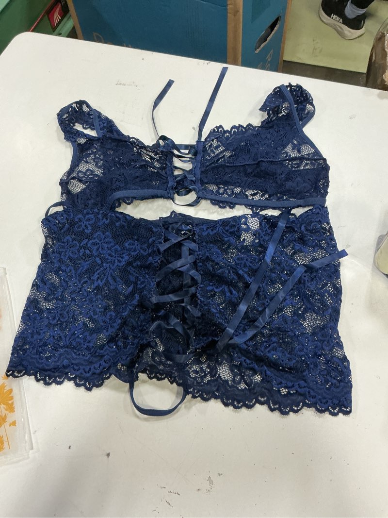 Condition photo showing Good Condition for foxiny sexy floral lace bodycon underwire stocking lingerie set 4 piece xx-large blue