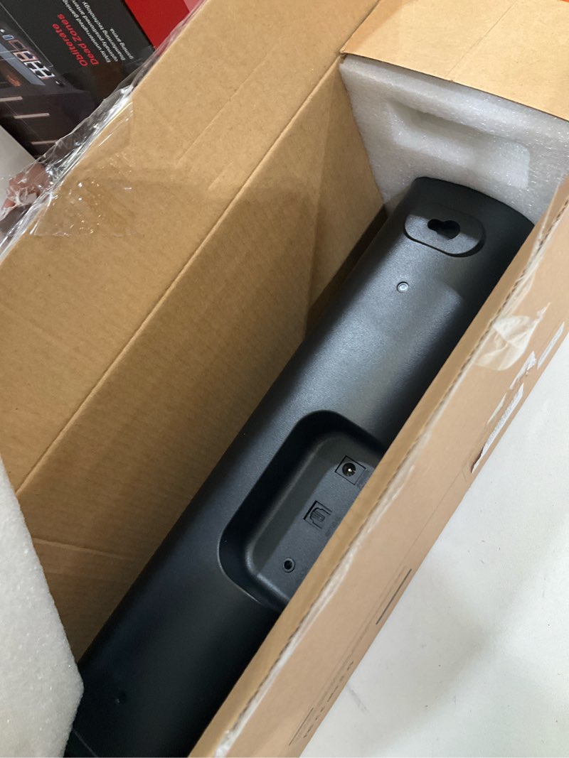Condition photo showing As Is for rythflo sound bar for smart tv, 16'/60w soundbar with impactful bass, dynamic light and remote control, wall mountable tv speakers with bluetooth/optical/3.5mm aux for gaming/pc/projector black