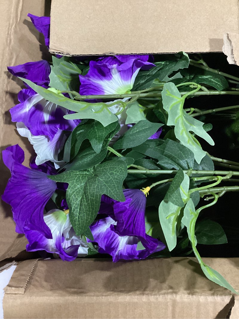 Condition photo showing Good Condition for martine mall artificial flowers for outdoors, 2 potted realistic fake outdoor flowers, uv resistant silk petunia flower for outside look real faux flower plants in pot for porch garden decor, 20'' purple white 2 pot