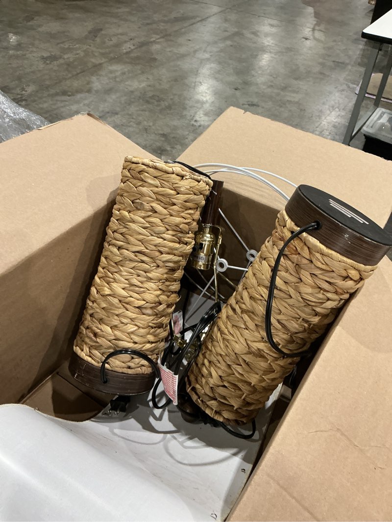 Condition photo showing As Is for gyrovu rattan table lamp set of 2, wicker lamps, dimmable touch seagrass table lamp with 2 usb ports and 1 ac outlet for bedroom nightstand table, livingroom end table, bulbs include rustic