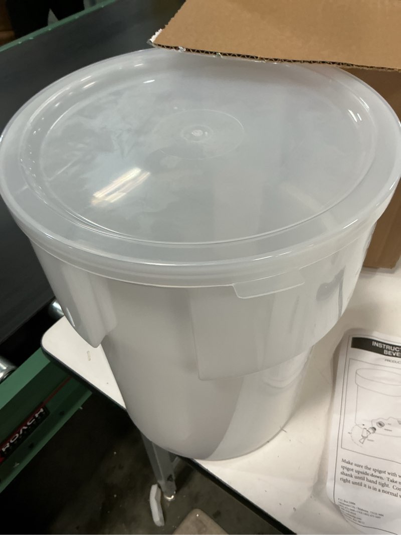 Condition photo showing Good Condition for carlisle foodservice products round beverage dispenser drink dispenser with spigot for catering, plastic, 5 gallons, white 5 gallons beverage server white