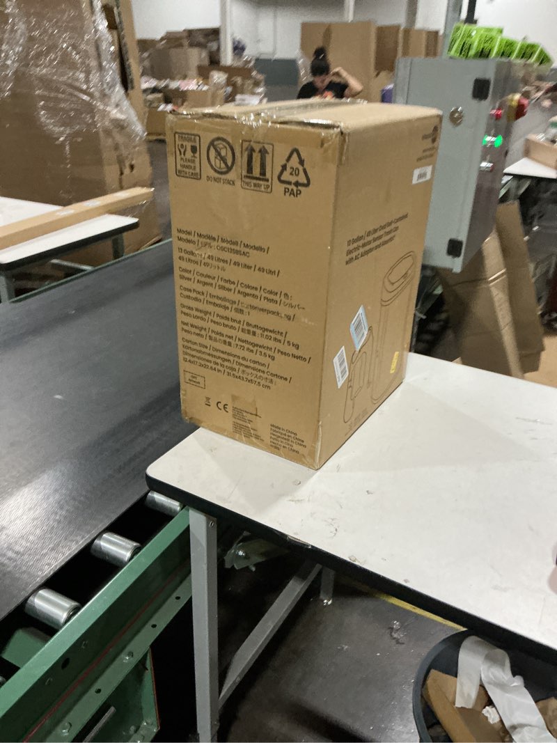 Condition photo showing Good Condition for SensorCan 50 Liter / 13 Gallon Kitchen Trash Can with AC Adapter & Odor Filter – Motion Sensor Stainless Steel Garbage Bin for Home, Office, Garage – Slim Oval Shape, Large Capacity Design Black and Silver