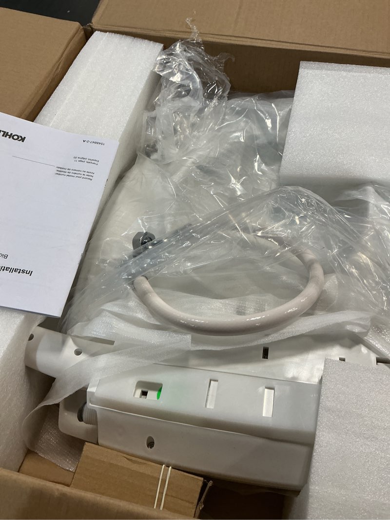 Condition photo showing As Is for kohler purewash m250 manual round bidet toilet seat, white, quiet-close lid prevents slamming, easy installation with quick-release hinges, adjustable spray position & pressure white round