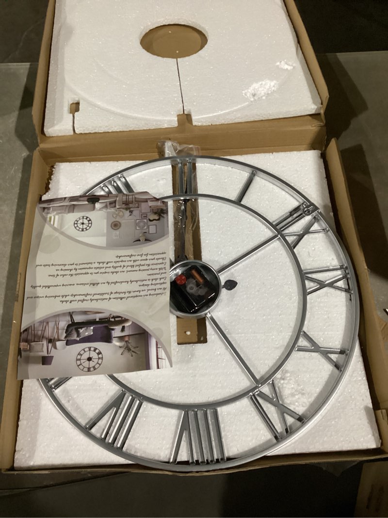 Condition photo showing Good Condition for leike 18.5" modern large wall clocks,vintage, round,silent non ticking,battery operated,silver metal roman numerals clock for living room/bedroom/kitchen decor 19 inch silver-roman number