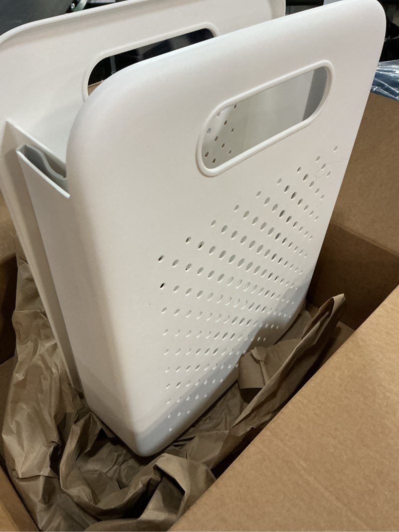 Condition photo showing Good Condition for goderewild large collapsible laundry basket, space-saving wall-mounted hamper organizer for home, dorms, rvs, measures 13" x 9.5" x 17.5" in white l - 13”×17.5”(h)