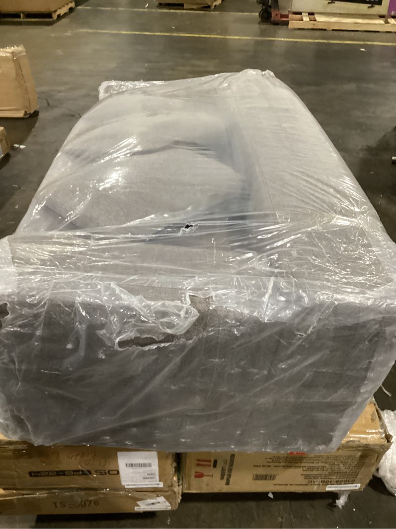 Condition photo showing As Is for grey upholstered 3 seater sofa (design differs from stock photo)