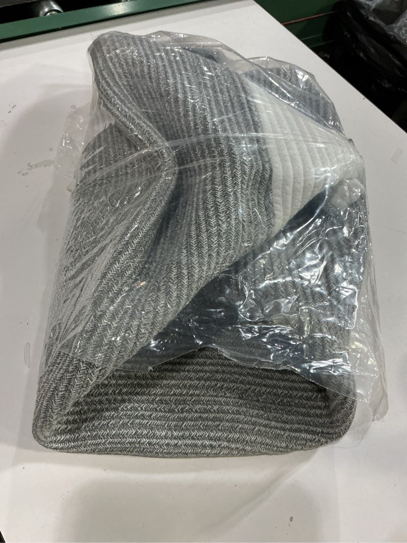 Condition photo showing Good Condition for Large Blanket Basket with Handles, 22.8" x 22.8" x 13" Woven Storage Basket for Living Room, Cotton Rope Baby Toy Storage for Clothes, Pillows, Towels-Grey and White Grey & White 90L