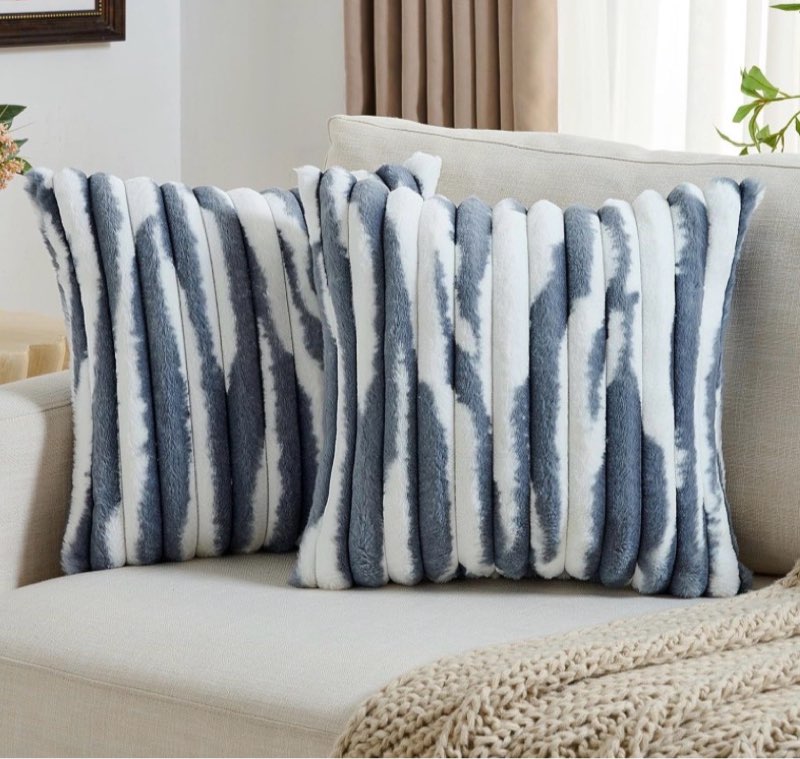 FUTEI Blue White Decorative Throw Pillow Covers 26x26 Inch Set of 2,Soft Fuzzy Faux Rabbit Fur Euro 