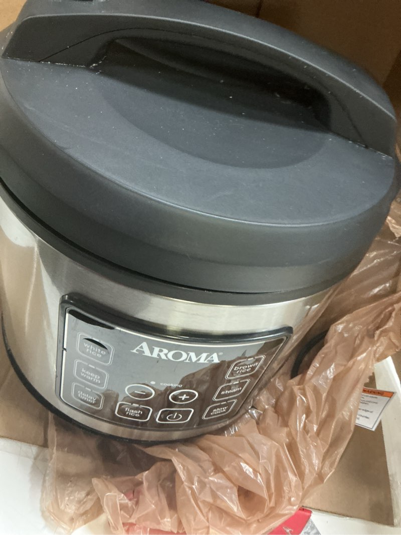 Condition photo showing As Is for aroma housewares 20 cup cooked (10 cup uncooked) digital rice cooker, slow cooker, food steamer, ss exterior (arc-150sb),black basic