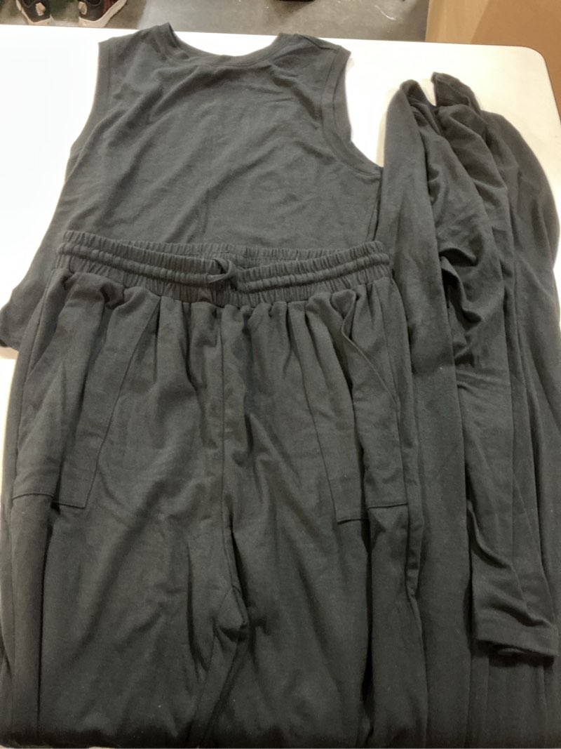 Condition photo showing Good Condition for (size s)kirundo 3 piece lounge sets for women airport travel vacation outfits spring cardigan matching sleeveless top jogger pants black small