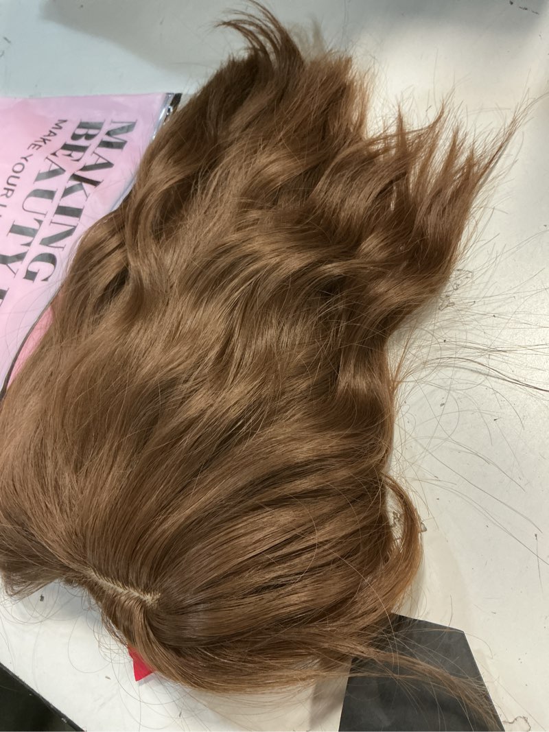 Condition photo showing As Is for short brown wavy wig with bangs for women light brown bob curly wavy human hair wigs shoulder length ombre dark roots heat resistant lightweight for daily use (light brown,14 inch) light brown 14 inch