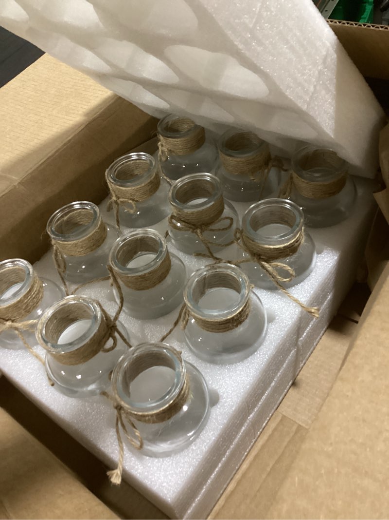 Condition photo showing New/Like New for vintage glass flower vase, farmhouse glass centerpiece vases mason jars for weddings, parties & home decor bulk (12, transparent) transparent 12