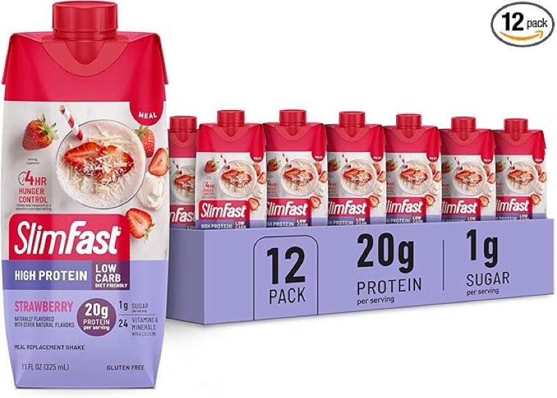 Use by 11/03/25 SlimFast Protein Shake, Strawberry- 20g Protein, Meal Replacement Shake Ready to Drink, High Protein with Low Carb and Low Sugar, 24 Vitamins and Minerals, 12 Count (Pack of 1) (Packaging May Vary)