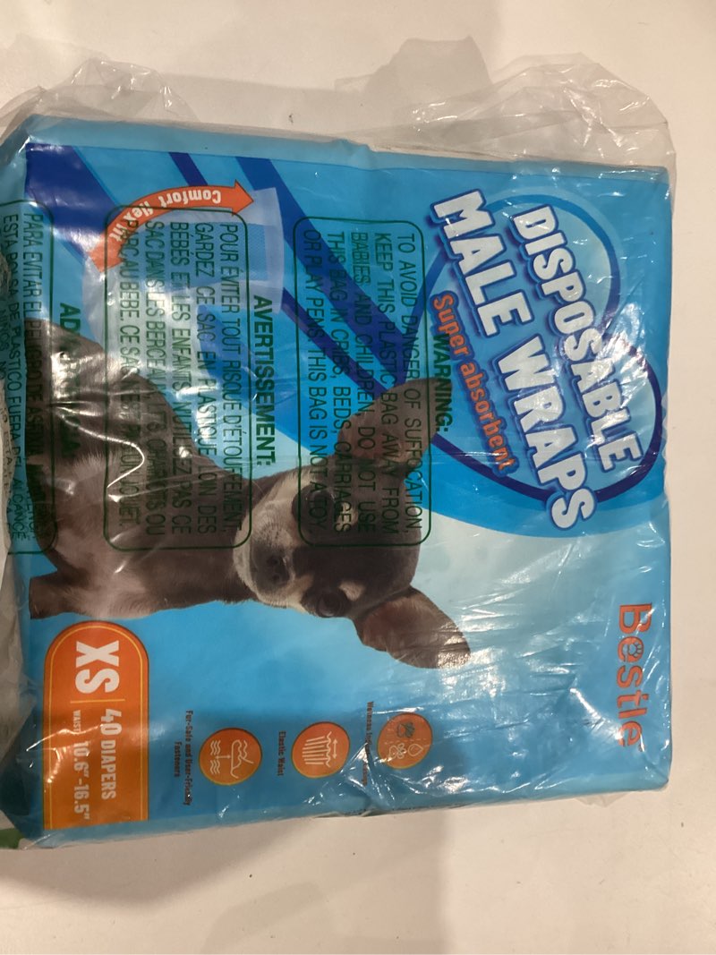 Condition photo showing Good Condition for Male Dog Wrap, Disposable Dog Diapers, 40 Count, XS (Waist 10.6”-16.6”), Wetness Indicator, Ultra Protection, Leak Proof, Super Absorbent, Soft