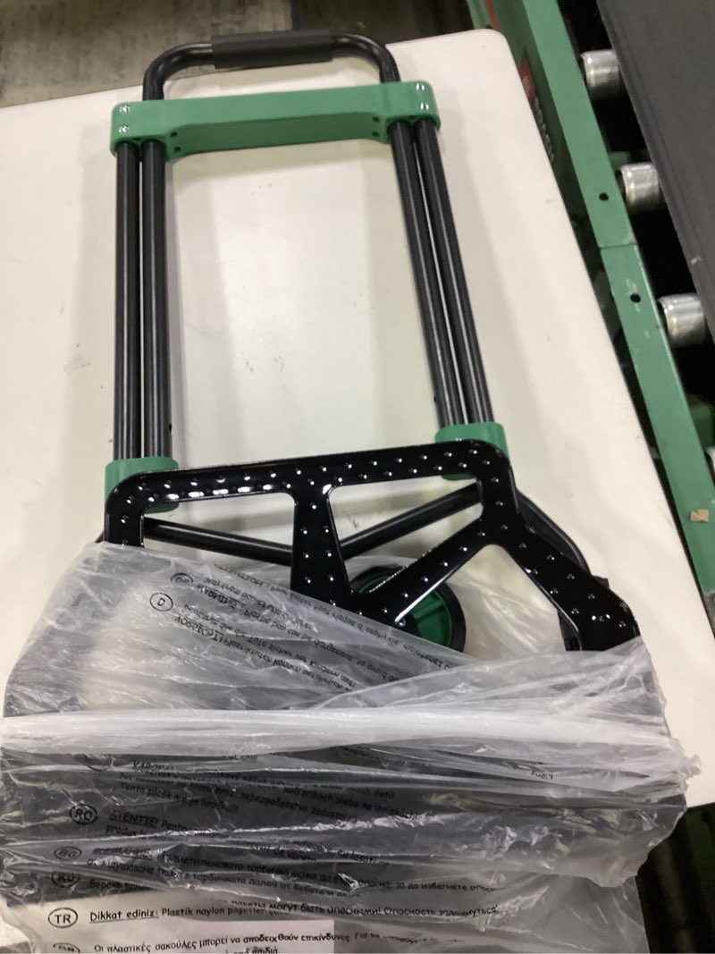 Condition photo showing Good Condition for Heavy-Duty 330LB Capacity Hand Truck with Stair-Climbing Wheels & One-Touch Retractable Handle - Q235 Steel Collapsible Dolly Cart, 4.2-Inch Triple Wheels, Elastic Strap & Sponge Grip (Green) Green 330lbs