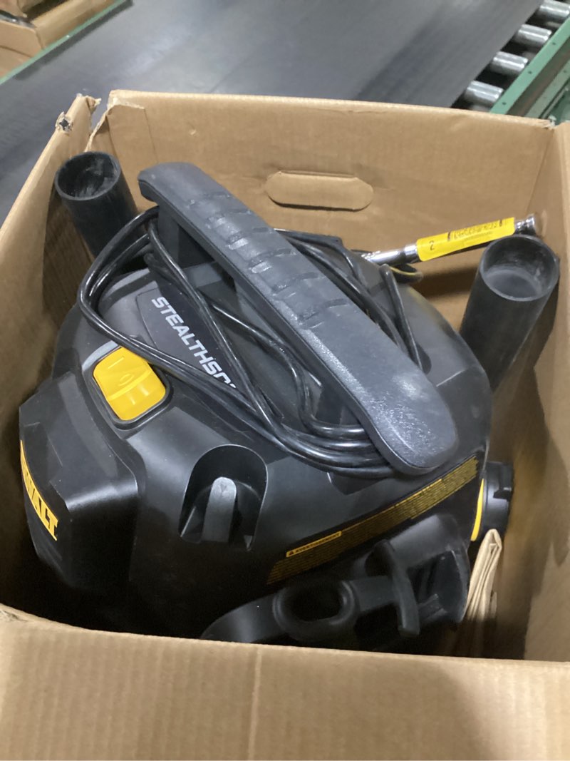 Condition photo showing As Is for DEWALT Stealthsonic Quiet 6-Gallon 4 HP Corded Wet/Dry Shop Vacuum with Accessories Included