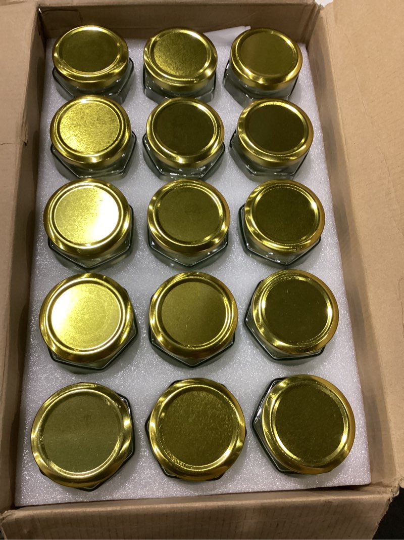 Condition photo showing New/Like New for bigivaca 30 pack 6 oz hexagon glass jars with gold lids,glass canning jars with labels,perfect for baby shower,wedding favors,party favors 6oz-30 pcs