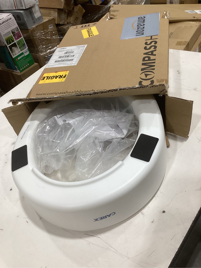 Condition photo showing As Is for carex toilet seat riser, round raised toilet seat adds 3.5 inches to toilet height, for assistance bending or sitting, 300 pound weight capacity toilet riser