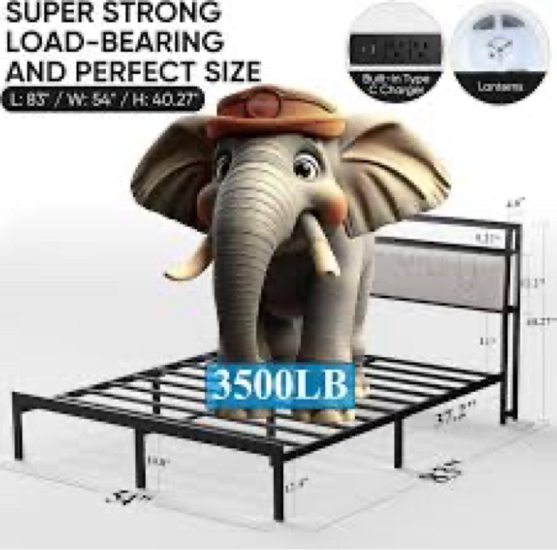 j.fkne full bed frames with charging station and led lights, full size platform bed with metal slats