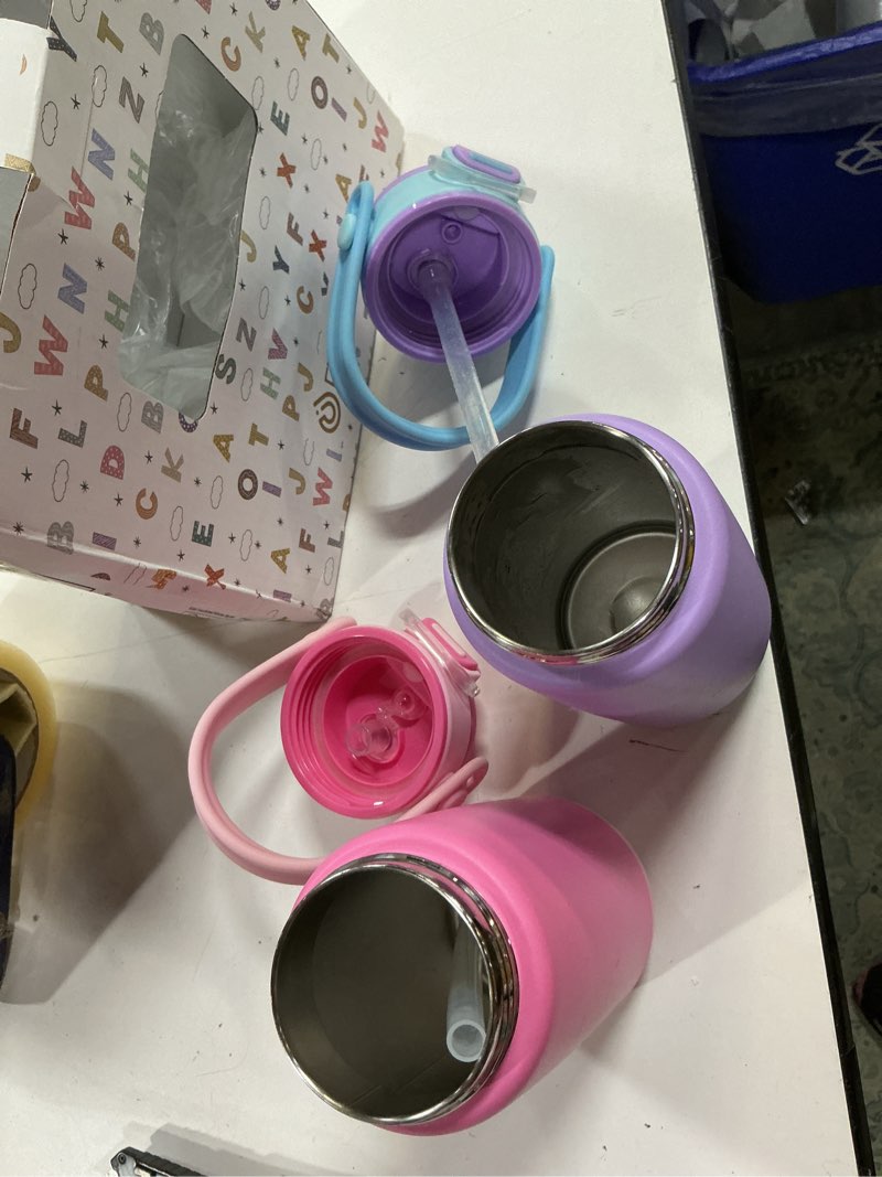 Condition photo showing As Is for fimibuke kids insulated water bottle with straw lid & handle - 14oz bpa free 18/8 stainless steel metal tumbler leak proof double wall vacuum kids cup toddler water bottle for school boys girls 2 b3.pink & purple