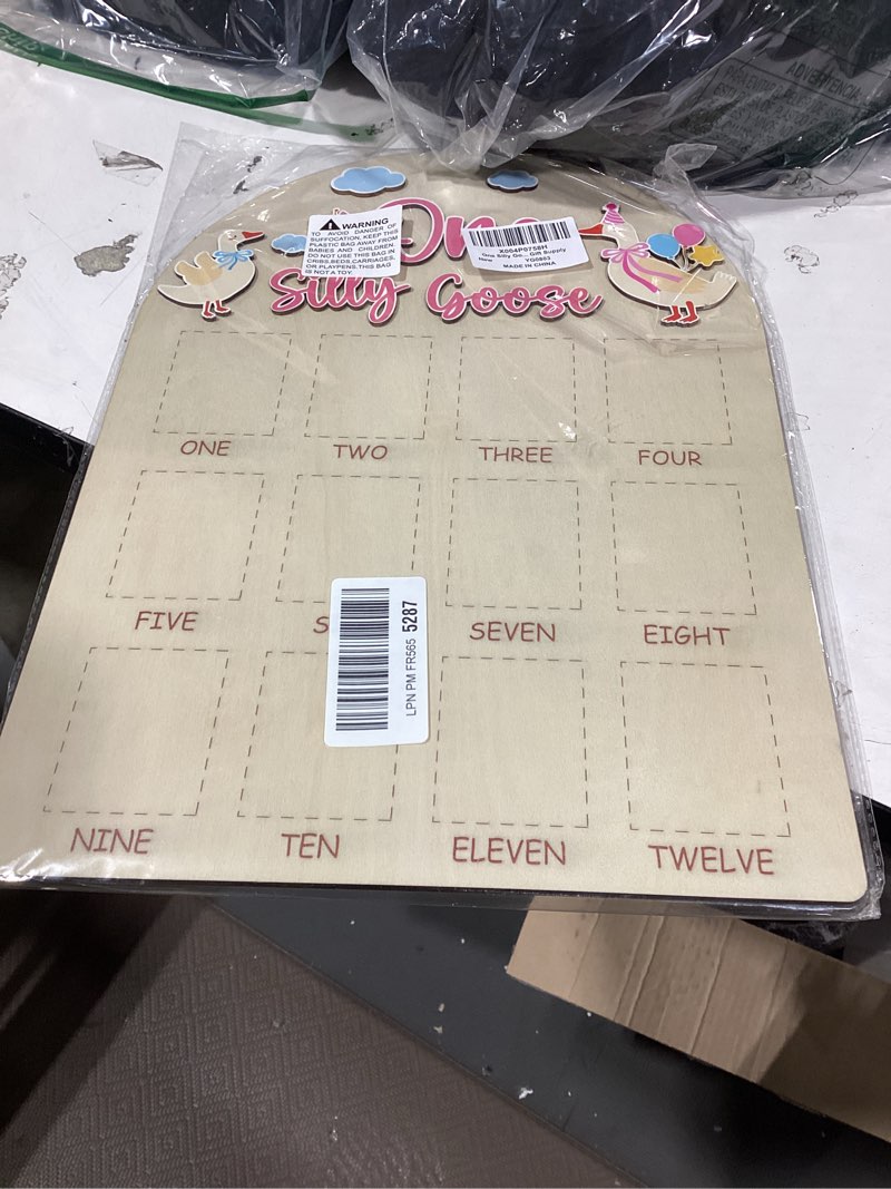 Condition photo showing New/Like New for one silly goose photo board goose themed birthday party decoration wooden board 12 monthly milestone picture frame one year old 1st birthday banner for baby girl keepsake gift supply(fit 2x2.8in pic)