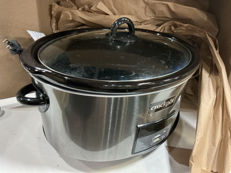 Condition photo showing As Is for crock-pot large 8-quart programmable slow cooker with auto warm setting black stainless steel black 8 quarts