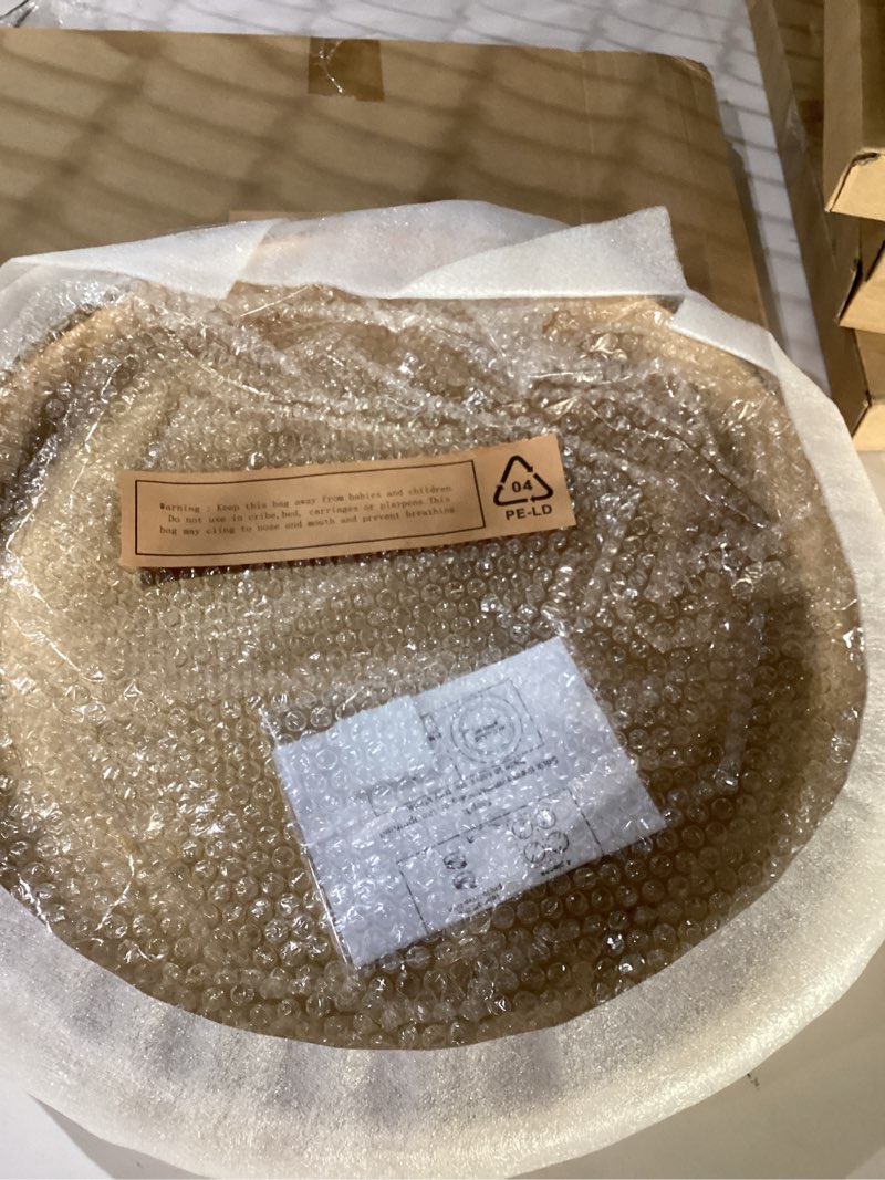 Condition photo showing As Is for DN Decoration14 Inch Large Gold Decorative Tray, Round Wooden Trays for Home Decor, Coffee Table Trays Decor for Perfume, Jewelry, Living Room, Table Centerpiece, Bathroom, Ottoman 14" Shiny Gold 14.5"