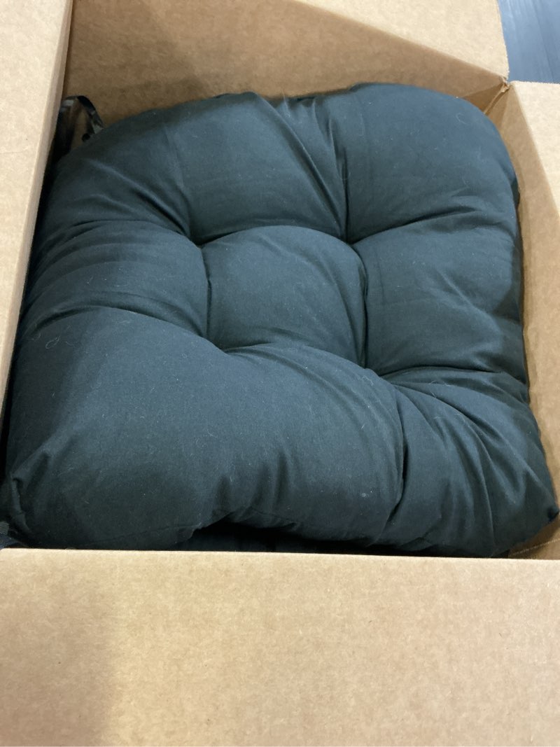 Condition photo showing Good Condition for ipynbap outdoor chair cushions set of 2, patio chair cushions with ties,19x19+5” tufted outdoor seat cushions, waterproof patio furniture cushions, outdoor dining chair pads, black black 19*19+5”/2pcs