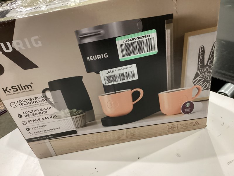 Condition photo showing As Is for keurig k-slim single serve k-cup pod coffee maker, multistream technology, 3 brew sizes, slim and sleek design, 46oz removable reservoir, black