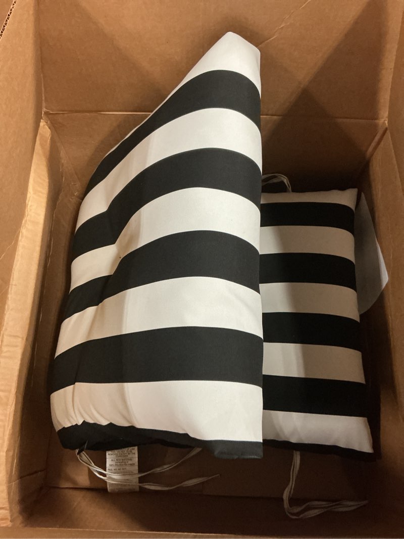 Condition photo showing Good Condition for arden outdoor plush modern tufted blowfill dining chair cushion, 21 x 40, rain-proof, fade resistant, tufted cushion for dining and bistro chairs black cabana stripe modern black cabana stripe