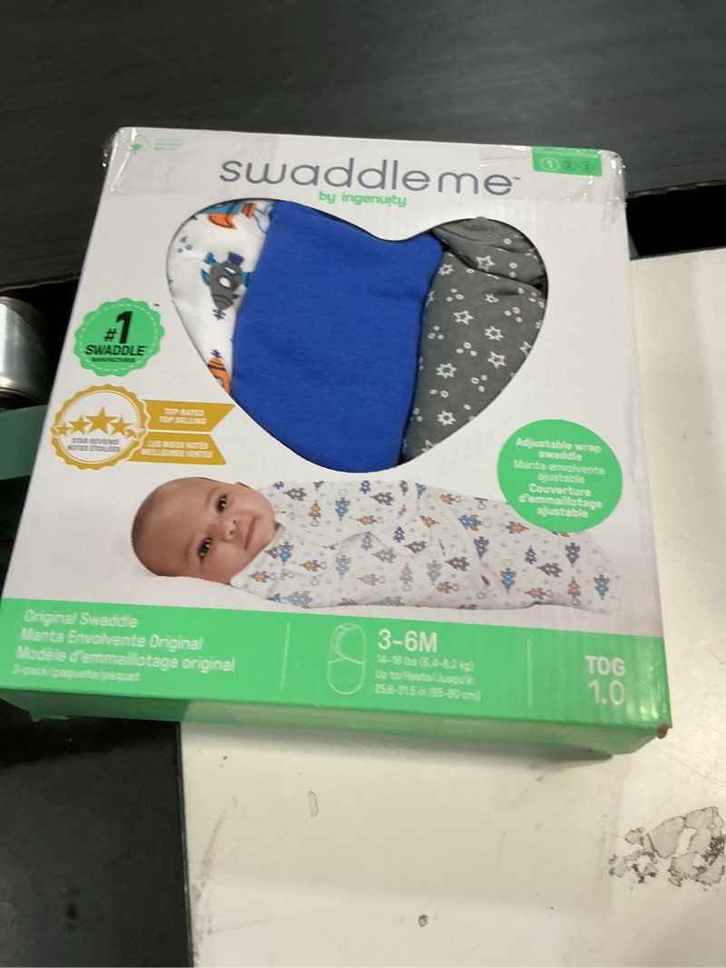 Condition photo showing New/Like New for swaddleme by ingenuity original swaddle, 100% cotton, improves sleep & calms startle reflex, 3-6 months, 1.0 tog, 3-pack, baby swaddle blanket - superstar blue/gray/white large (pack of 3)
