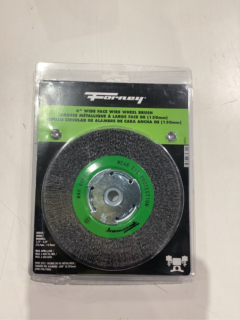 Condition photo showing New/Like New for Forney 72751 Wire Bench Wheel Brush, Narrow Face Fine Crimped with 1/2-Inch and 5/8-Inch Arbor, 6-Inch-by-.008-Inch