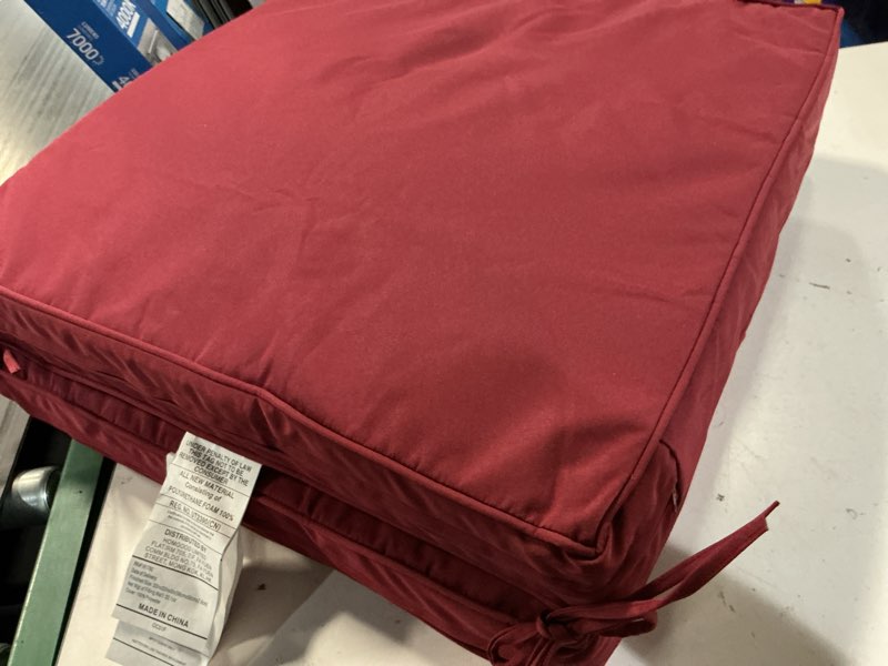 Condition photo showing Good Condition for cozyide 22x22 outdoor cushions for patio furniture, waterproof outdoor chair cushions with non-slip ties and handle, washable deep seat cushions for outdoor furniture with removable cover, burgundy burgundy 22x22x3