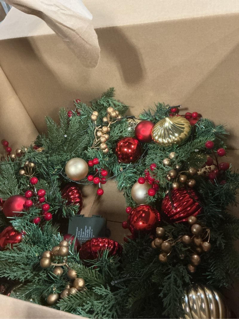 Condition photo showing New/Like New for Christmas Lighted Wreath for Front Door, 28 Inches Pre-Lit 35 LED Lights, Red and Golden Artificial Holiday Wreath with Berries for Indoor Outdoor Home Decorations Red & Golden
