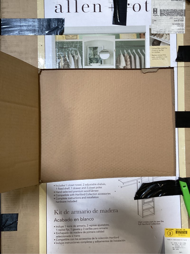 Condition photo showing As Is for (missing parts) allen + roth hartford reach-in tower system white solid shelving wood closet system