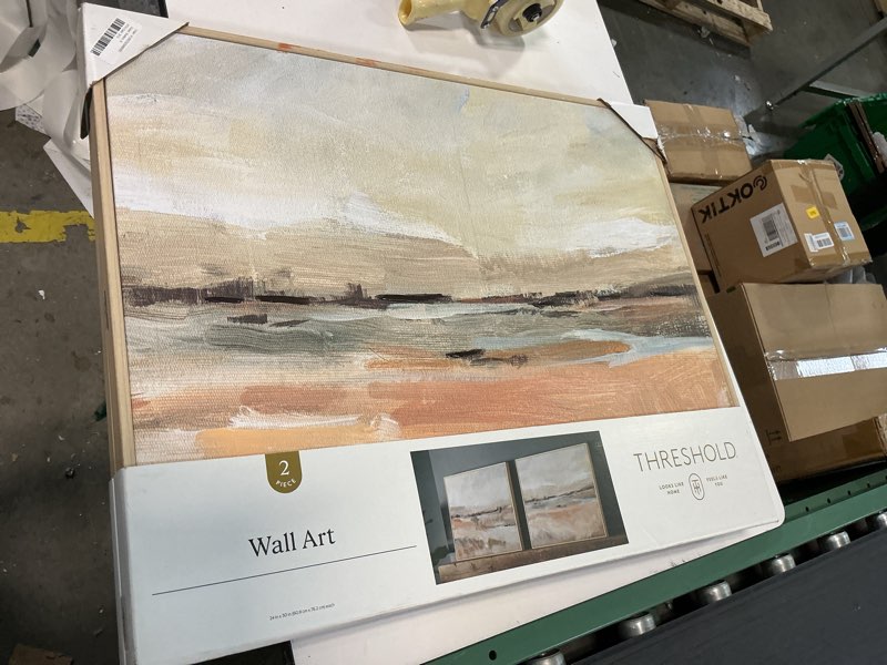 Condition photo showing Good Condition for (set of 2) 24" x 30" faded landscape framed wall canvases natural - threshold™: polystyrene frame, blockprint art