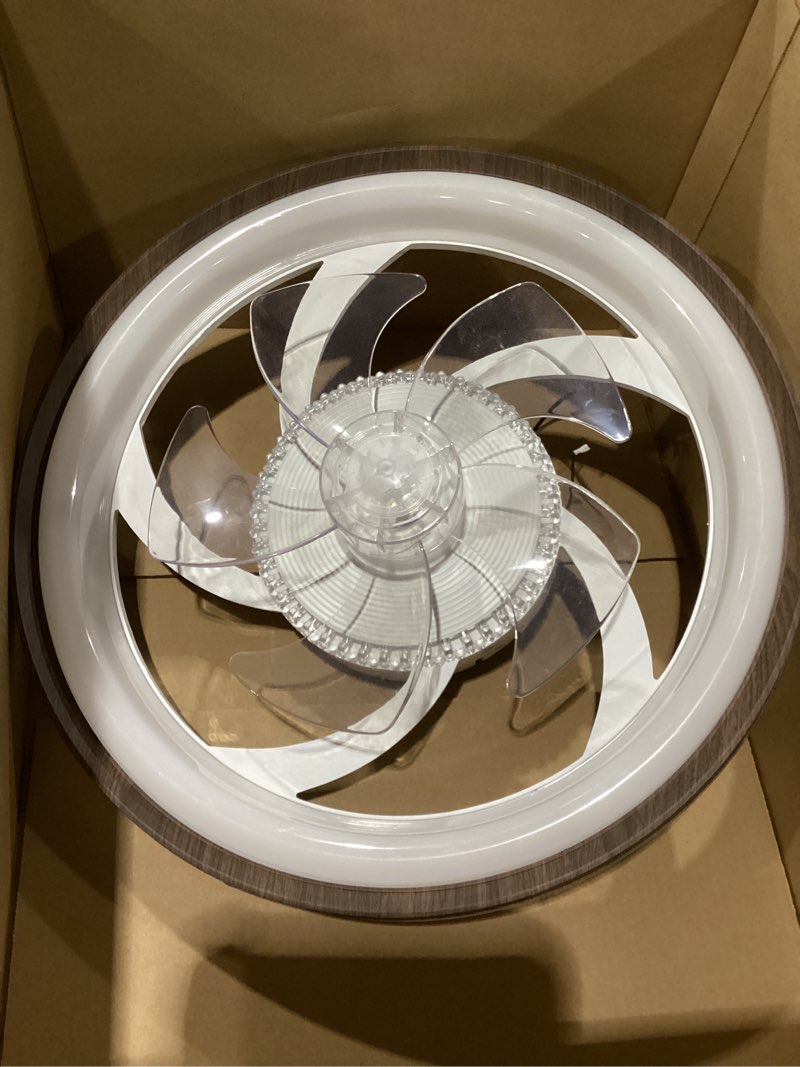 Condition photo showing As Is for Missing remote Ceiling Fan with Light and Remote, 19\" Low Profile Flush Mount, 6-Speed, DC Motor, Dimmable 3000K-6500K LED, Walnut Fandelier Ceiling Fan for Bedroom, Dining Room, Small Room Walnut 19 inch